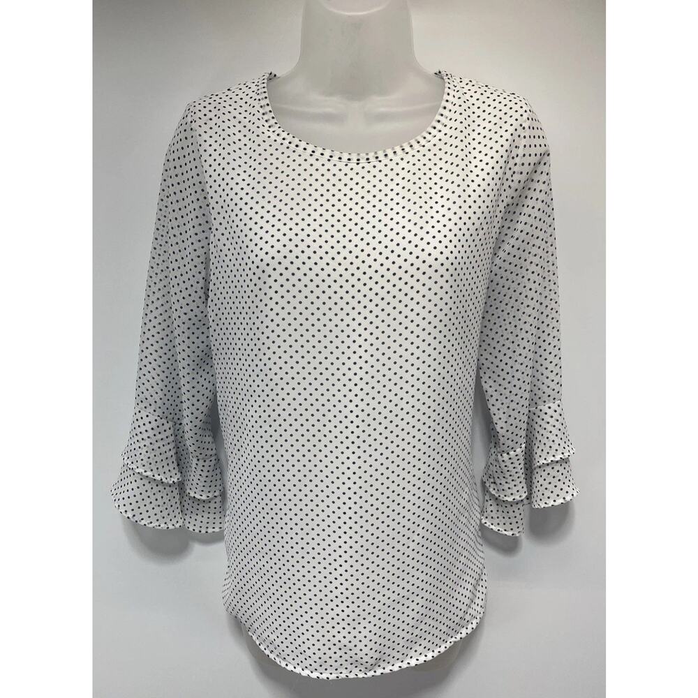 Valerie Stevens Womens White/Blue Polka Dots Lined Blouse Top Size S